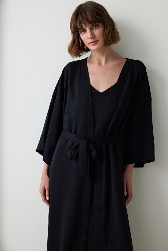 Siyah Fleur Saten Sabahlık - 3