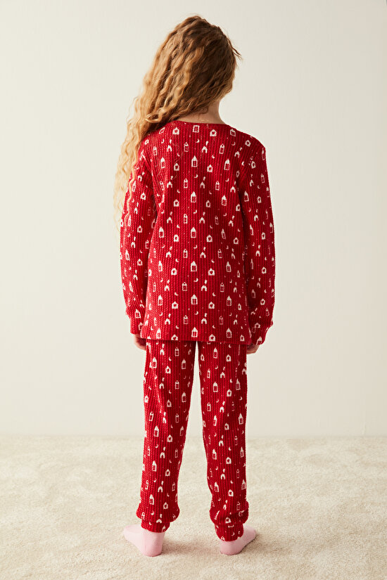 Kırmızı Kız Çocuk Ev Desenli Pijama Takımı - 5