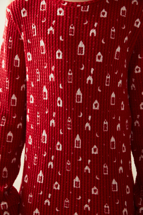Kırmızı Kız Çocuk Ev Desenli Pijama Takımı - 6