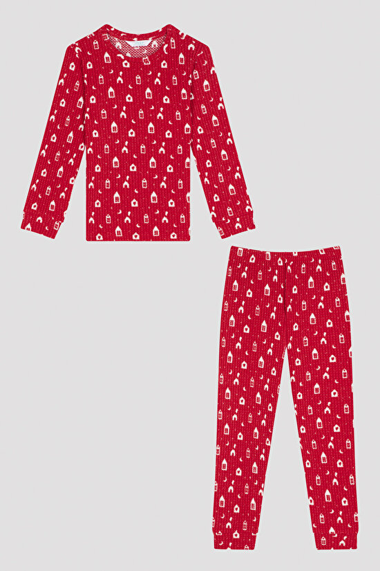 Kırmızı Kız Çocuk Ev Desenli Pijama Takımı - 7