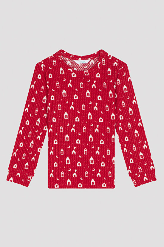 Kırmızı Kız Çocuk Ev Desenli Pijama Takımı - 8