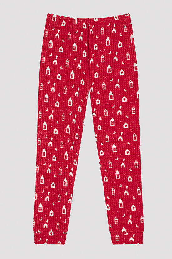 Kırmızı Kız Çocuk Ev Desenli Pijama Takımı - 9