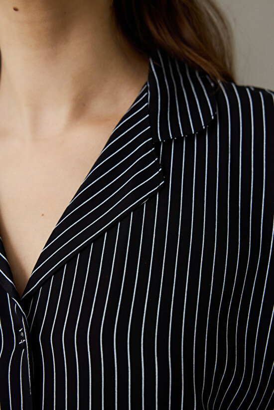 Black Striped Shirt Collar Short Sleeve Pajama Set Black Striped Shirt Collar Short Sleeve Pajama Set - 3