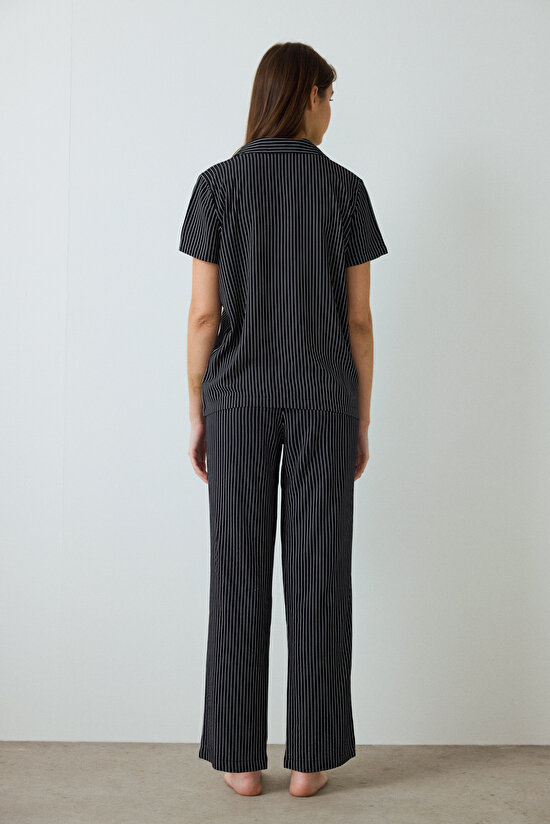 Black Striped Shirt Collar Short Sleeve Pajama Set Black Striped Shirt Collar Short Sleeve Pajama Set - 4