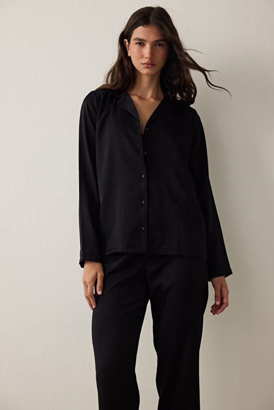 Black Fleur Satin Shirt Collar Long Sleeve Pajama Set Black Fleur Satin Shirt Collar Long Sleeve Pajama Set - 4