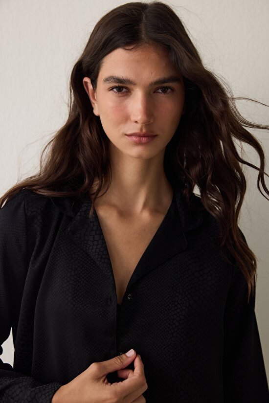 Black Fleur Satin Shirt Collar Long Sleeve Pajama Set Black Fleur Satin Shirt Collar Long Sleeve Pajama Set - 5