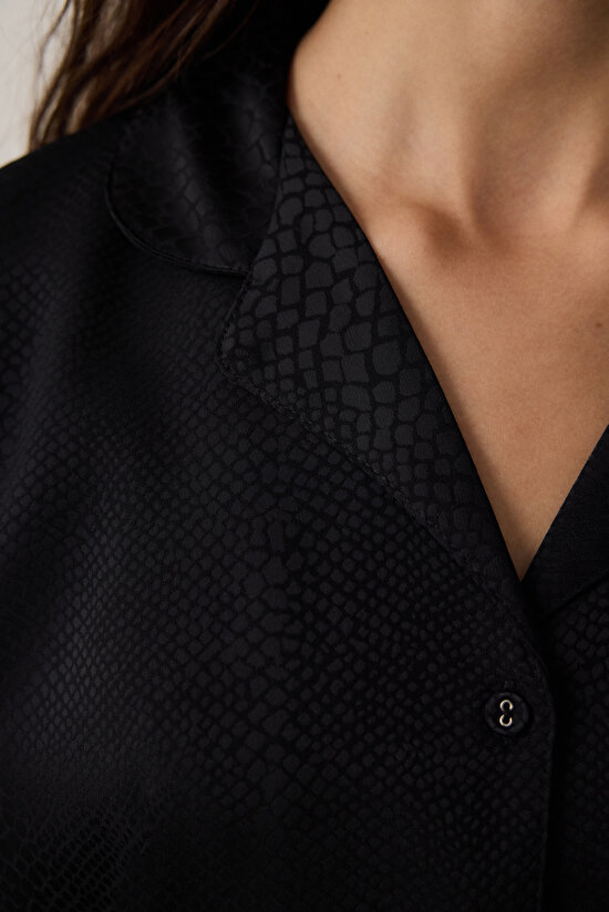 Black Fleur Satin Shirt Collar Long Sleeve Pajama Set Black Fleur Satin Shirt Collar Long Sleeve Pajama Set - 6