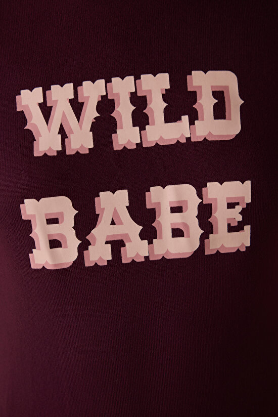 Bordo Bisiklet Yaka Sloganlı Uzun Kollu Pijama Üstü - 4