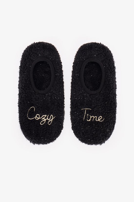 Black Cozy Time Slogan Print Slipper Socks - 1