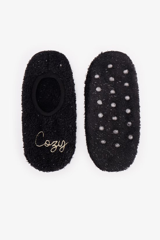 Black Cozy Time Slogan Print Slipper Socks - 2