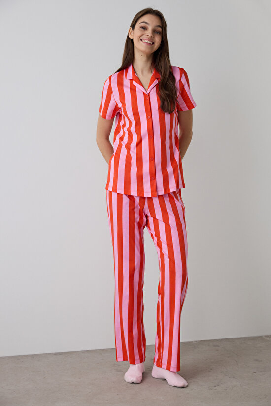 Mercan Chill Days Çizgili Gömlek Yaka Kısa Kollu Pijama Takımı - 1
