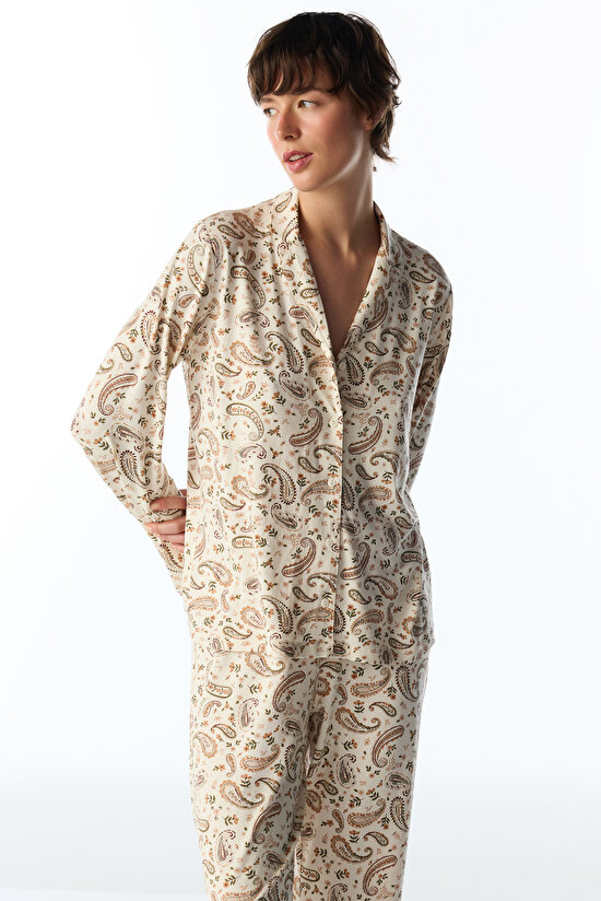 Ekru Margot Baskılı Şal Desenli Uzun Kollu Gömlek Pantolon Pijama Takımı - 3