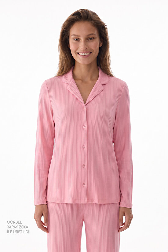 Pembe Countryside Fitilli Uzun Kollu Gömlek Pantolon Pijama Takımı - 2