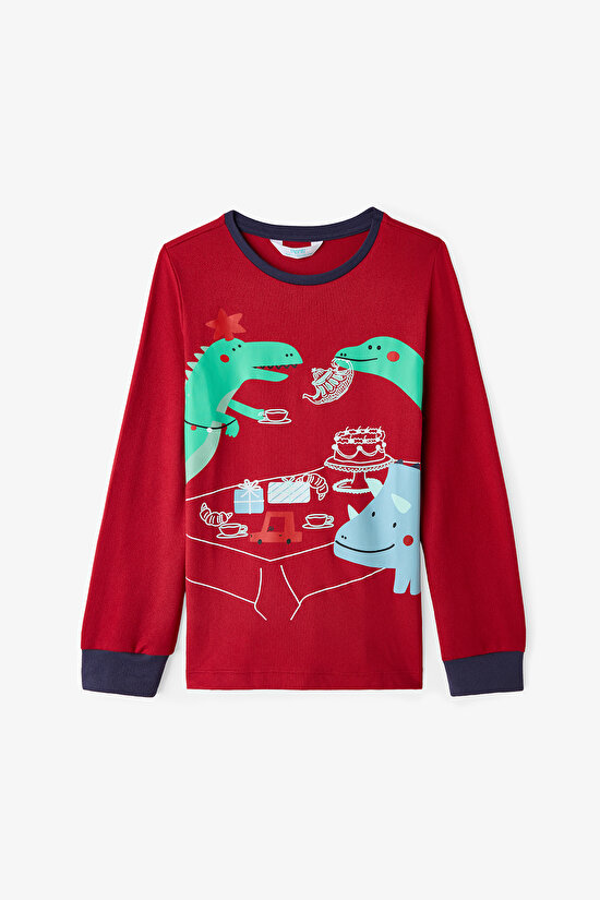 Kırmızı Erkek Çocuk Dinozor Baskılı Uzun Kollu Pijama Takımı - 2