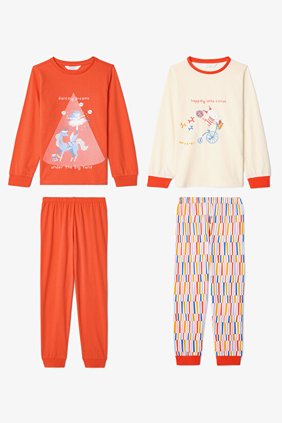 Kız Çocuk Hopping Sürdürülebilir Pamuklu Tavşan Desenli Uzun Kollu 2'li Pijama Takımı - 1