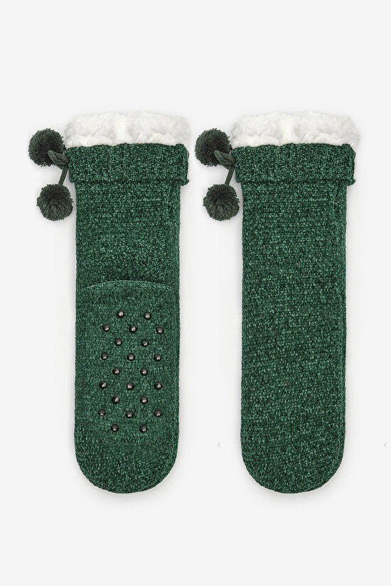 New York Velvet Pompom Dark Green Socket Socks - 1