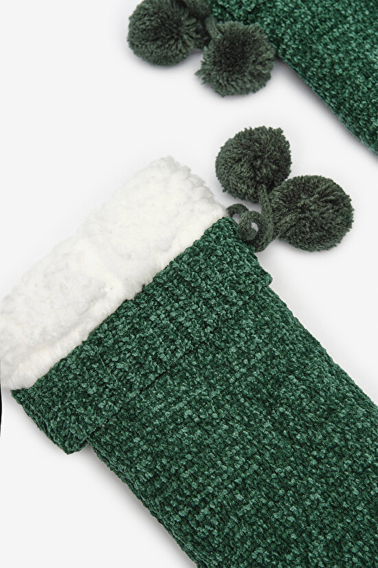 New York Velvet Kadife Pompom Koyu Yeşil Soket Çorap - 4