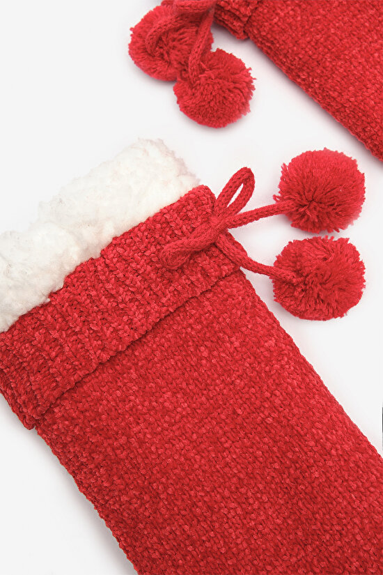 New York Velvet Kadife Pompom Kırmızı Soket Çorap - 4