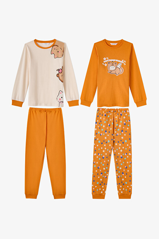 Kız Çocuk Turuncu Don't Worry Pamuklu Uzun Kollu 2'li Pijama Takımı - 1
