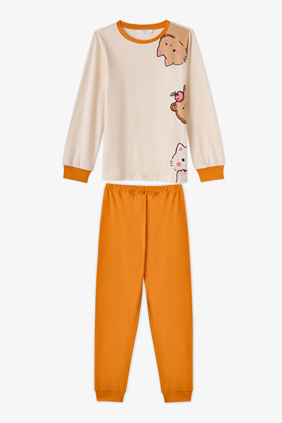 Kız Çocuk Turuncu Don't Worry Pamuklu Uzun Kollu 2'li Pijama Takımı - 2