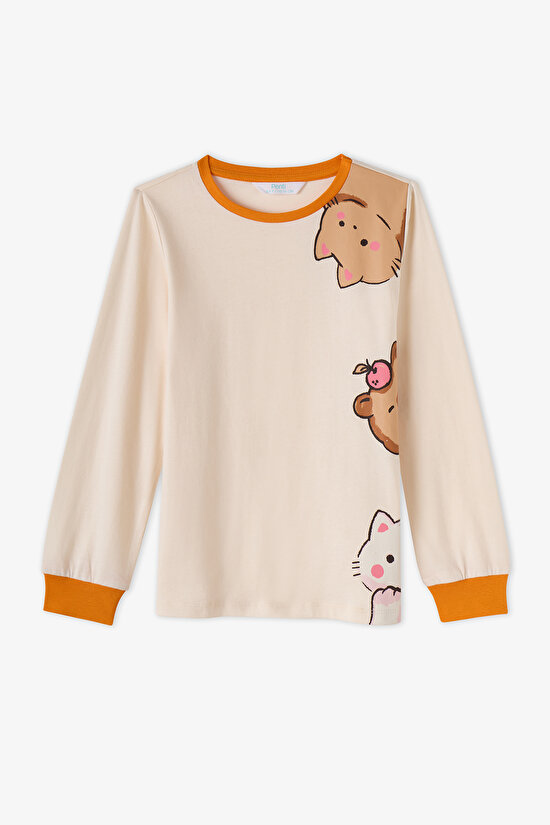 Kız Çocuk Turuncu Don't Worry Pamuklu Uzun Kollu 2'li Pijama Takımı - 3