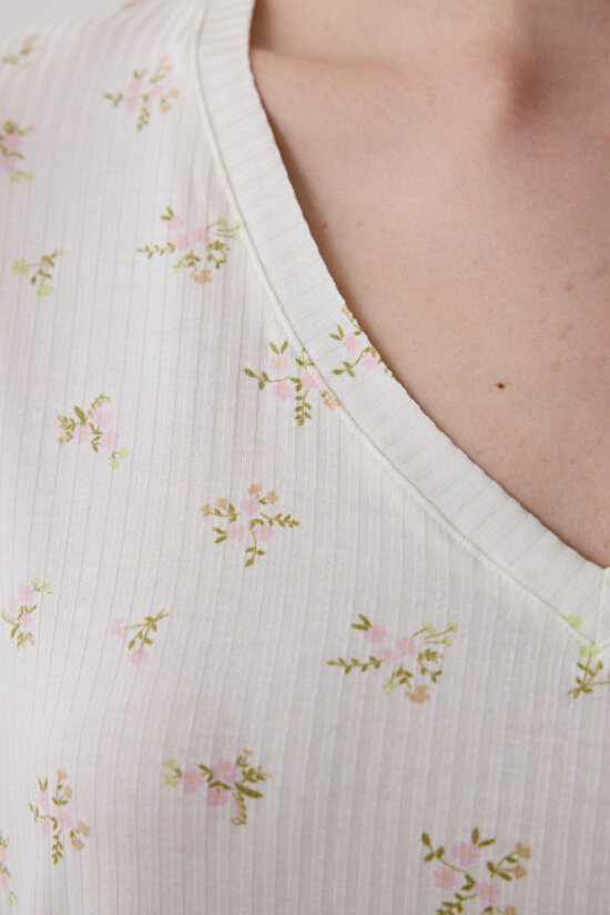 Bloom Printed Ekru Tişört Pijama Üstü - 3
