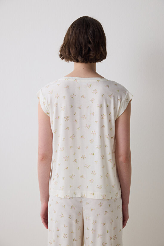 Bloom Printed Ekru Tişört Pijama Üstü - 4