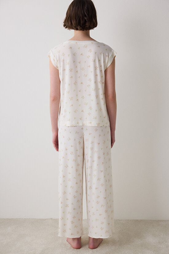 Bloom Printed Ekru Tişört Pijama Üstü - 5