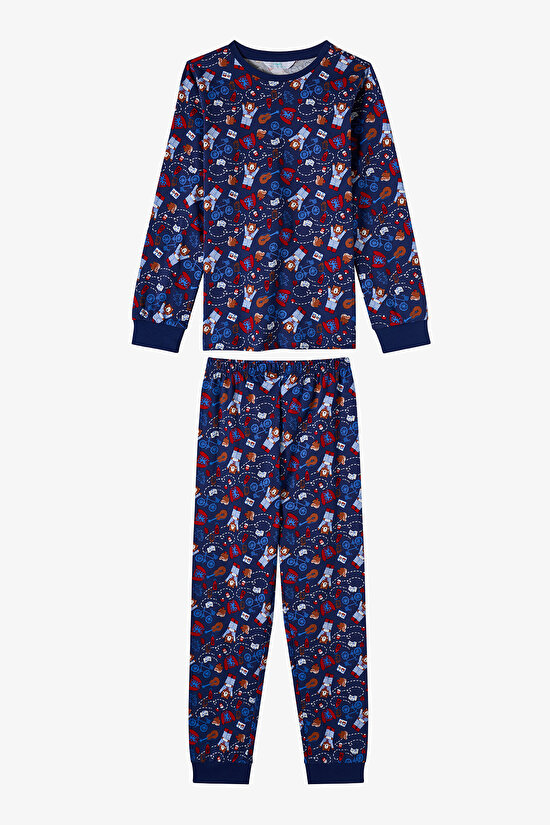 Erkek Çocuk Lacivert Style Repeat Pamuklu Uzun Kollu Pijama Takımı - 1