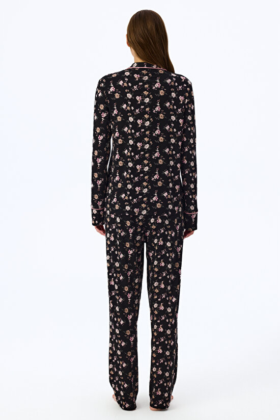 Siyah Floral Dream Uzun Kollu Gömlek Pantolon Pijama Takımı - 3