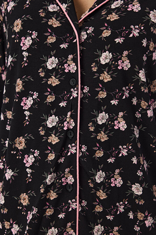 Siyah Floral Dream Uzun Kollu Gömlek Pantolon Pijama Takımı - 3