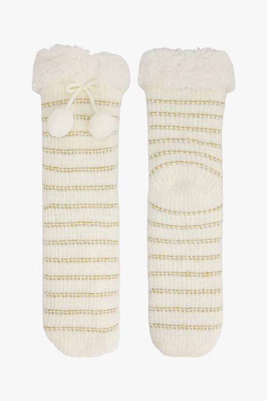 Kırık Beyaz Gold Çizgili Ponponlu Ev Çorabı - 1