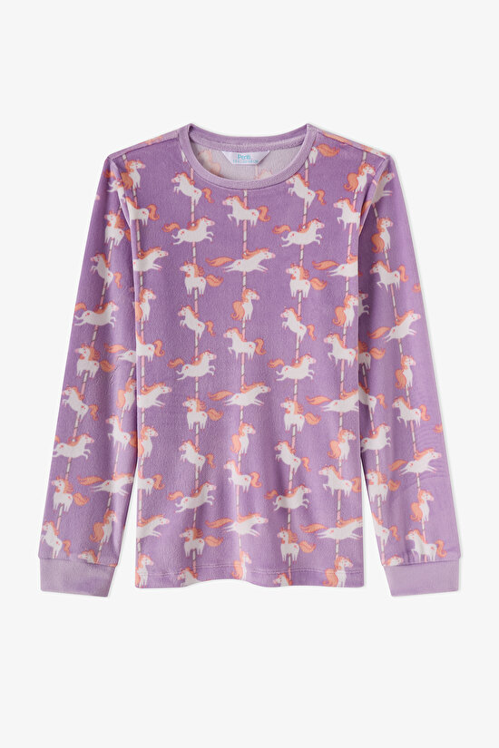 Kız Çocuk Lila Unicorn Carousel Tef Uzun Kollu Pijama Takımı - 2