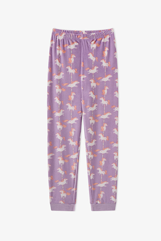 Kız Çocuk Lila Unicorn Carousel Tef Uzun Kollu Pijama Takımı - 3