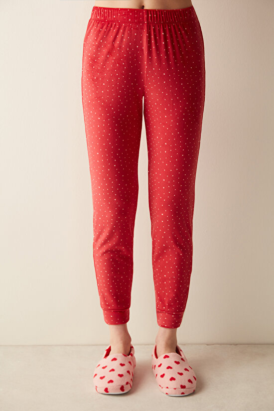 Yıldız Desenli Kırmızı Fuzzy Pantolon Pijama Altı - 1