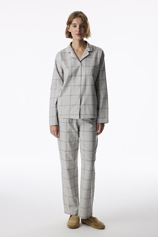 Gri Margot Checked Ekoseli Uzun Kollu Gömlek Pantolon Pijama Takımı - 1