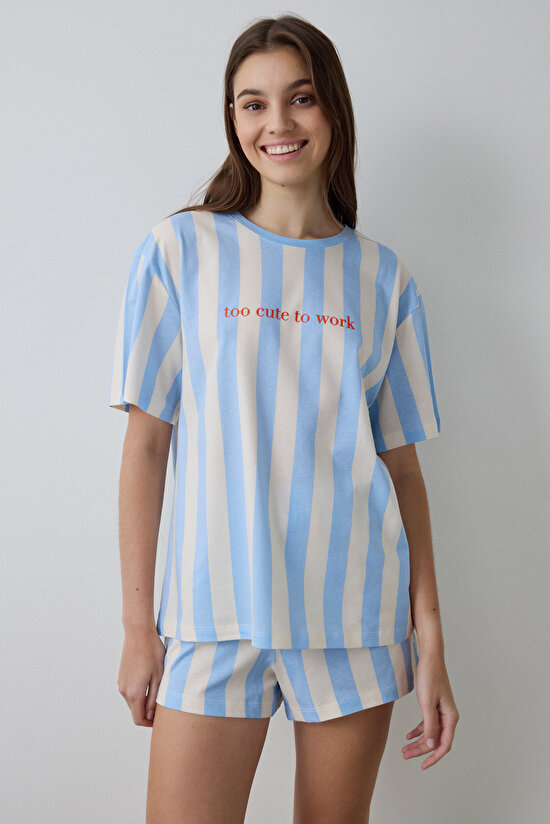 Açık Mavi Cute To Work Çizgili Bisiklet Yaka Kısa Kollu Şortlu Pijama Takımı - 1