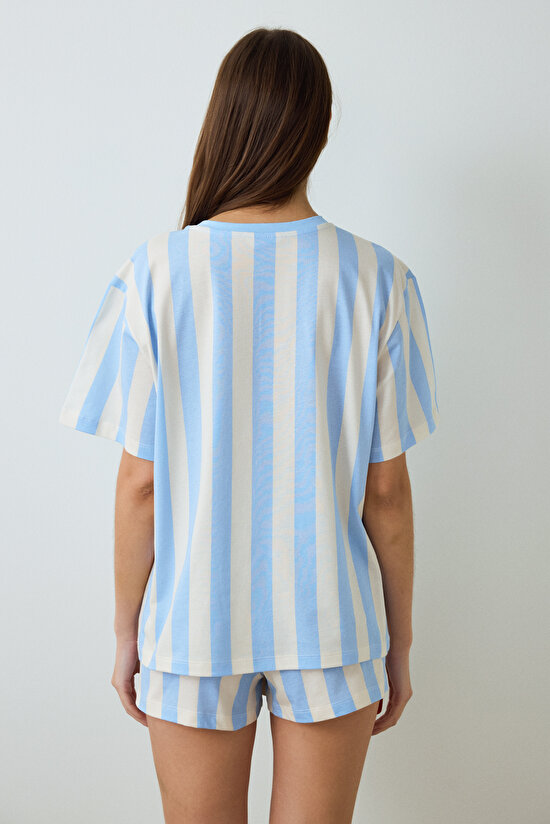 Açık Mavi Cute To Work Pamuklu Çizgili Bisiklet Yaka Kısa Kollu Şortlu Pijama Takımı - 3