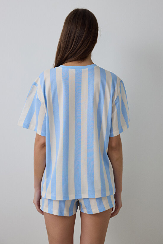 Açık Mavi Cute To Work Pamuklu Çizgili Bisiklet Yaka Kısa Kollu Şortlu Pijama Takımı - 4