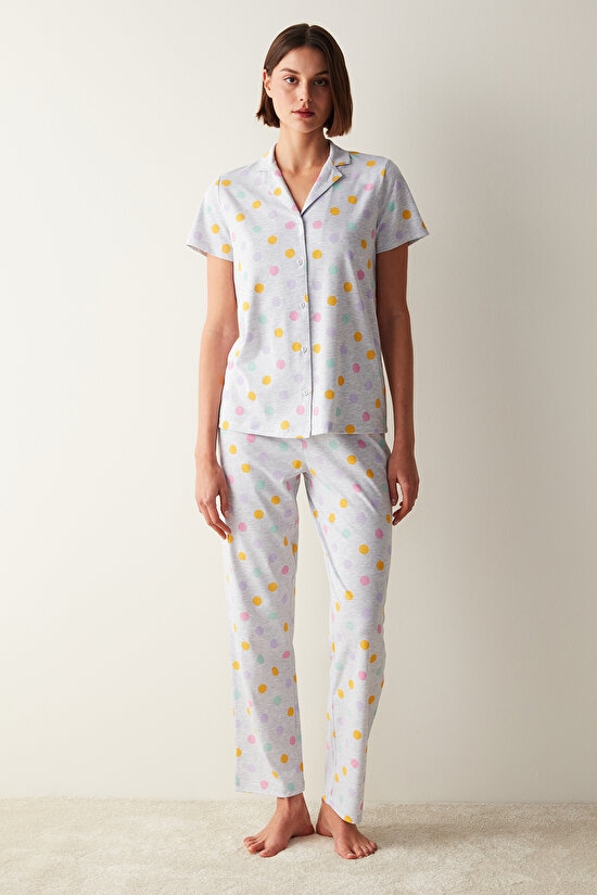 Colorful Dots Gömlek Pantolon Gri Pijama Takımı - 1