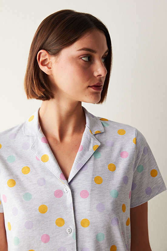 Colorful Dots Gömlek Pantolon Gri Pijama Takımı - 3