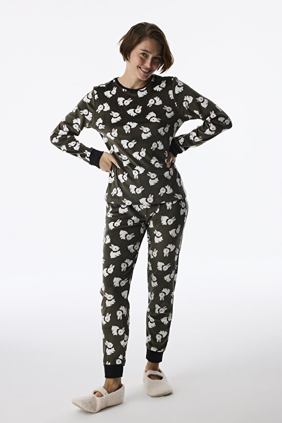 Haki Cute Bunny Fuzzy Pantolon Uzun Kollu Pijama Takımı - 1