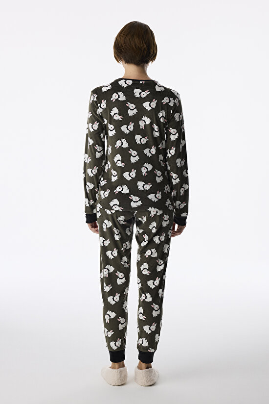 Haki Cute Bunny Fuzzy Pantolon Uzun Kollu Pijama Takımı - 2