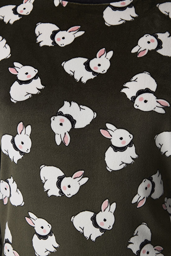 Haki Cute Bunny Fuzzy Pantolon Uzun Kollu Pijama Takımı - 3