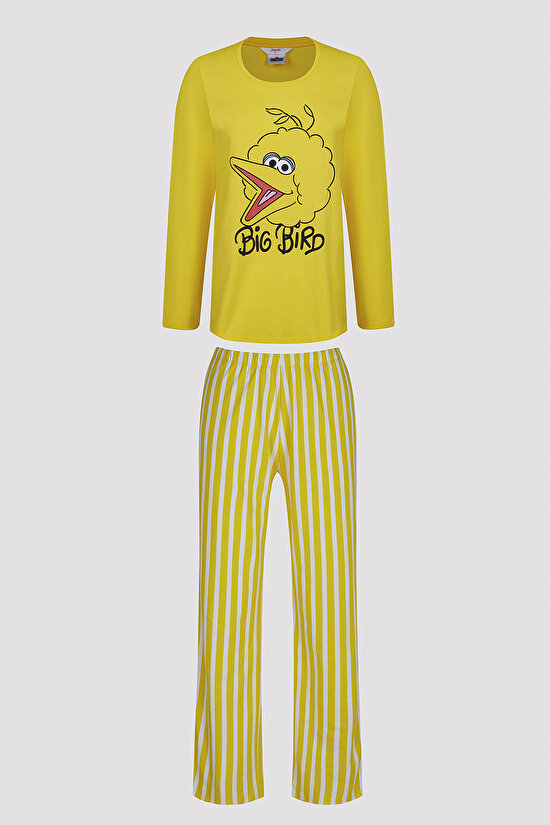 Kuş Baskılı Sarı Pijama Takımı - 5