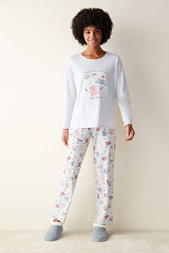 Sweaters Uzun Kollu Açık Gri Pijama Set - 3