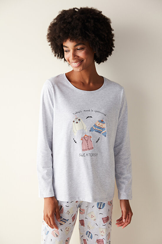 Sweaters Uzun Kollu Açık Gri Pijama Set - 4