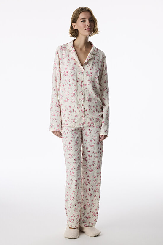 Ekru Blush Garden Çiçekli Uzun Kollu Gömlek Pantolon Pijama Takımı - 1