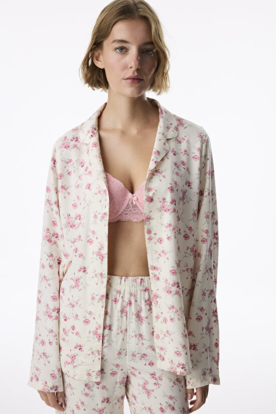 Ekru Blush Garden Çiçekli Uzun Kollu Gömlek Pantolon Pijama Takımı - 2