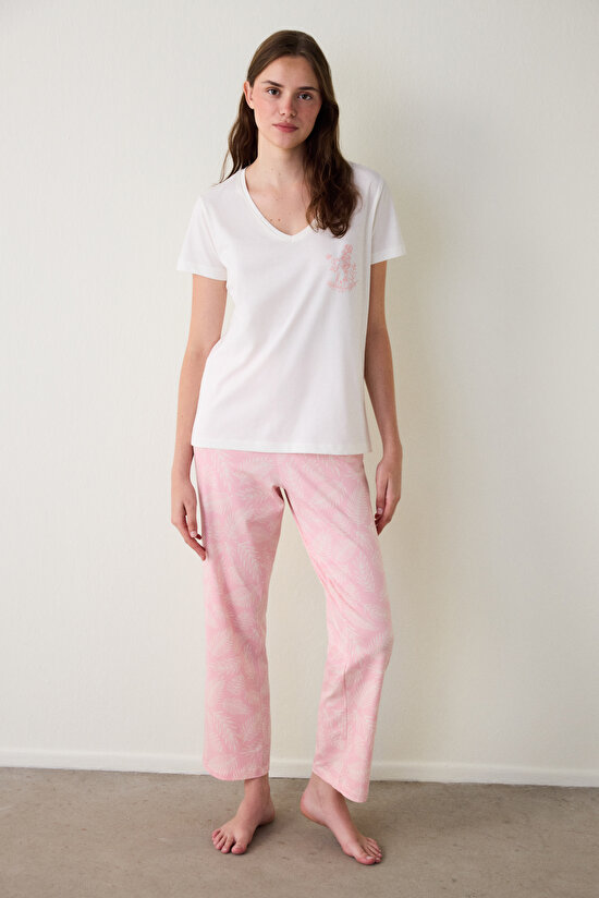 Pembe Çiçek Desenli V Yaka Kısa Kollu Pijama Takımı - 1